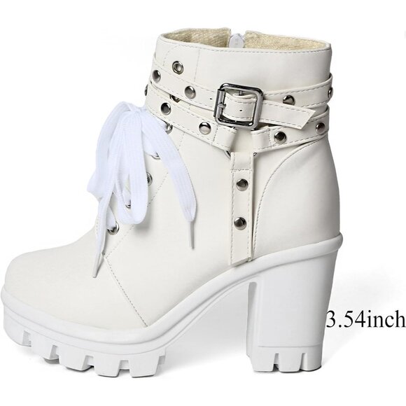 Meotina Women Chunky White Microfiber High Heel Rivets Platform Ankle Bootie - Picture 3 of 7